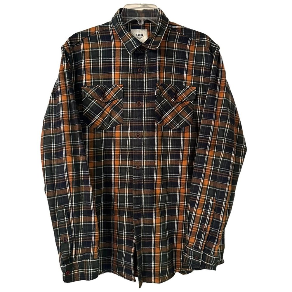 Katin Fred Flannel Shirt XL Mens Plaid Button Up Heavy Patch Pocket Green Orange